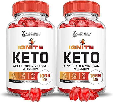 Justified Laboratories - (2 Pacotes) Gomas Ignite Keto ACV Avançadas 1000MG Fórmula de Gomas Ignite Keto de Vinagre de Maçã Formuladas com Suco de Romã em Pó B12 Vegano Não GMO 120 Gomas