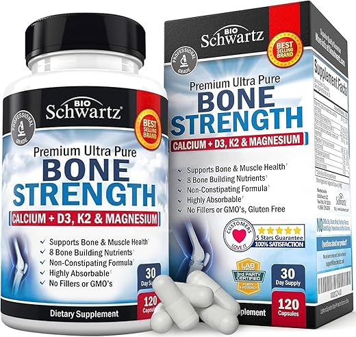 BioSchwartz - Suplemento de Cálcio para Fortalecimento Ósseo – Com Cálcio, Vitamina D3, K2, C, Magnésio, Zinco – 8 Nutrientes para Construção Óssea, Alta Absorção, Fórmula Não Constipante – 120 Cápsulas Vegetais