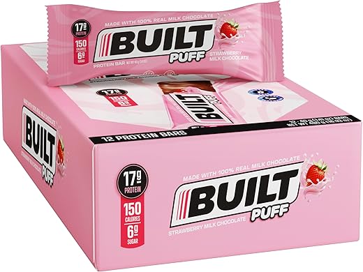 Built Bar - BUILT Barras de Proteína, Chocolate ao Leite Morango Puff, 12 barras, Snacks Proteicos, 17g de Proteína, Colágeno, Barra de Proteína de Chocolate com apenas 150 calorias