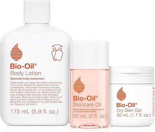 Kit de Cuidados com a Pele Bio-Oil, Conjunto de Teste para Cicatrizes, Estrias e Pele Seca, 3 Peças Tamanho de Viagem Inclui Óleo para Cuidados com a Pele, Gel para Pele Seca e Loção Corporal, uso para Cicatrizes, Gravidez