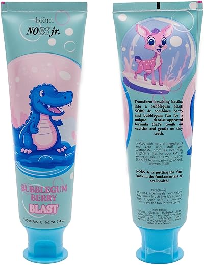 Biöm - NOBS Jr. Pasta de Dente Infantil com Nano Hidroxiapatita – Livre de Flúor, Livre de SLS, Remineralizante – Fórmula Odontológica – Bubblegum Berry – Fabricado nos EUA