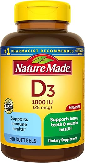 Nature Made - Vitamina D3, 300 Softgels, 1000 UI (25 mcg) – Fortalece a Imunidade, Ossos e Dentes