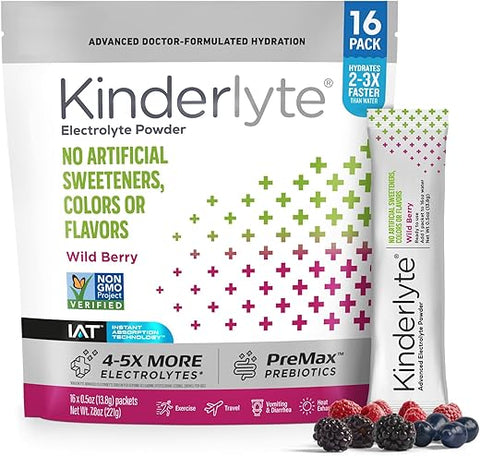 Pó de Eletrólitos, Hidratação Avançada, Embalagens Práticas, Mistura para Bebida Suplementar (Frutas Silvestres, 16 Unidades) - Kinderlyte