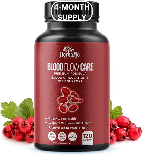 HerbaMe - Suplemento Circulação Sanguínea, 120 Cápsulas, Suporte para Veias das Pernas, Coração, Vasos e Saúde Cardiovascular com Niacina, L-Arginina, Gengibre, Pimenta Caiena, Espinheiro, Diosmina, Sangue