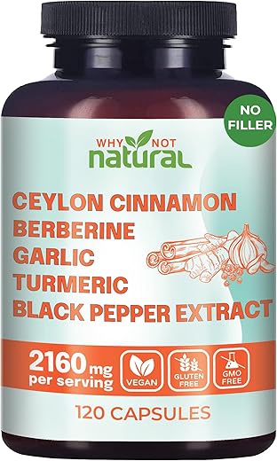 Why Not Natural - Cápsulas Orgânicas de Canela do Ceilão 5 em 1 com Berberina, Alho, Cúrcuma, Extrato de Pimenta Preta (120 Cápsulas)