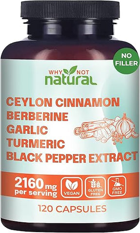 Why Not Natural - Cápsulas Orgânicas de Canela do Ceilão 5 em 1 com Berberina, Alho, Cúrcuma, Extrato de Pimenta Preta (120 Cápsulas)