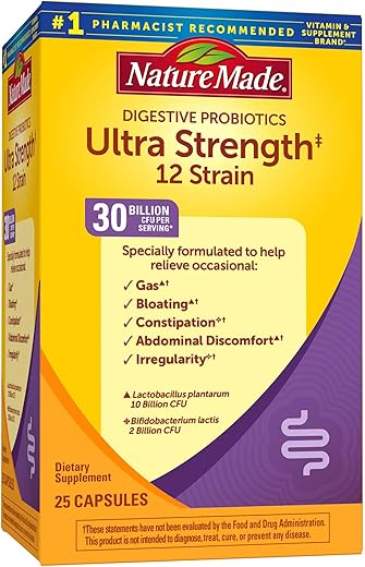 Ultra Strength 12 Strain Digestive Probiotics – 25 Cápsulas – Fórmula Avançada para Saúde Digestiva – Homens e Mulheres – Suplemento Probiótico de Alta Potência - Nature Made