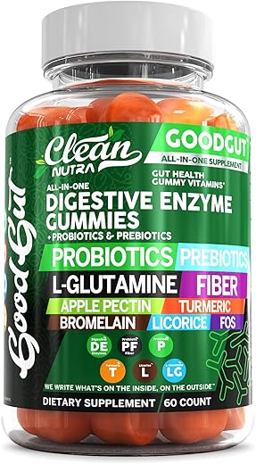 Clean Nutraceuticals - Digestive Enzymes com Probióticos e Prebióticos para Saúde Digestiva Gomas L-Glutamina para Saúde Intestinal Bromelina Cúrcuma Alcaçuz Fibra Pectina de Maçã Inulina FOS Baseado em Plantas
