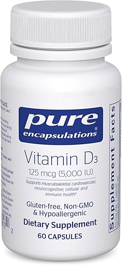 Vitamina D3 Pure Encapsulations 125 mcg (5.000 UI) – Suporte à Saúde Óssea, Articular, Mamária, Cardíaca, Colônica e Imunológica* – com Vitamina D – 60 Cápsulas