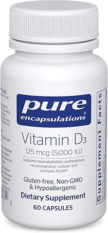 Vitamina D3 Pure Encapsulations 125 mcg (5.000 UI) – Suporte à Saúde Óssea, Articular, Mamária, Cardíaca, Colônica e Imunológica* – com Vitamina D – 60 Cápsulas