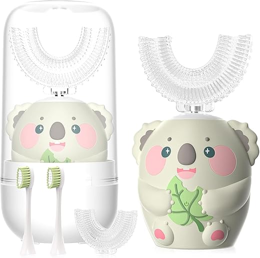 ELOTAME - Escova de Dentes Elétrica em Formato de U para Crianças com Desenhos Animados, 4 Cabeças de Escova, Limpeza Completa de 360 Graus, Escova de Dentes Automática Sônica à Prova d’Água IPX7 (Cinza com Copo, 8-15 Anos)