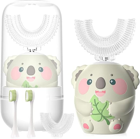 ELOTAME - Escova de Dentes Elétrica em Formato de U para Crianças com Desenhos Animados, 4 Cabeças de Escova, Limpeza Completa de 360 Graus, Escova de Dentes Automática Sônica à Prova d’Água IPX7 (Cinza com Copo, 8-15 Anos)