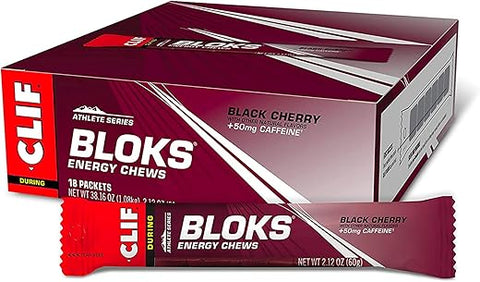 Clif Bloks - CLIF BLOKS – Sabor Cereja Preta com Cafeína – Gomas Energéticas – Não-OGM – Baseado em Plantas – Combustível Rápido para Ciclismo e Corrida – Carboidratos e Eletrólitos Rápidos – 60g (18 unidades)