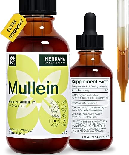 HERBANA MANUFACTURING - Gotas de Mullein 60 ml – Extra Forte 45 Dias – Desintoxicação Pulmonar