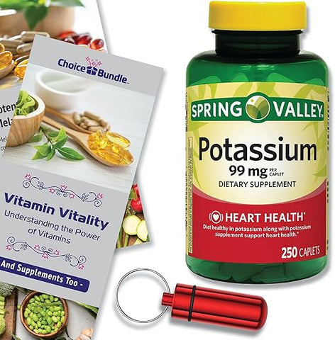 ChoiceBundle - Spring Valley Potássio Suplemento Dietético para a Saúde do Coração Caplets 99 mg 250 CT Pacote Escolha “Vitalidade Vitamínica” Guia