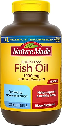 Nature Made - Óleo de Peixe Burp-Less 1200 mg, 200 Softgels, Ômega 3 para Saúde Cardíaca