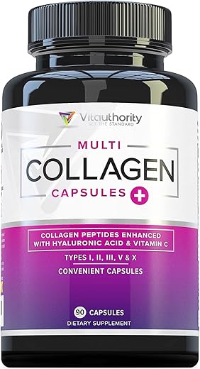 Multi Colágeno em Cápsulas para Mulheres e Homens – Alta Absorção de Peptídeos de Colágeno Hidrolisado para Cabelo, Pele e Unhas com Tipos I II III V X Ácido Hialurônico – 60 Cápsulas - Vitauthority