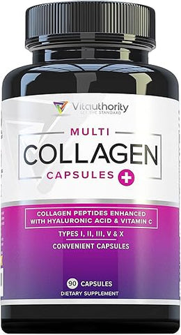 Multi Colágeno em Cápsulas para Mulheres e Homens – Alta Absorção de Peptídeos de Colágeno Hidrolisado para Cabelo, Pele e Unhas com Tipos I II III V X Ácido Hialurônico – 60 Cápsulas - Vitauthority