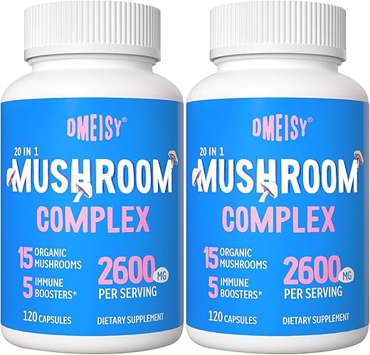 Dmeisy - Suplemento de Cogumelo 2600mg, Complexo de 20 Cogumelos, com Leão da Montanha, Cordyceps, Reishi, Cauda de Peru, Chaga – Suplementos para Memória e Concentração, Humor