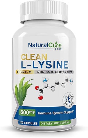 Natural Cure Labs - Clean L-Lysine 600mg, 120 Cápsulas | Vegano, Não-OGM | Marca Clean