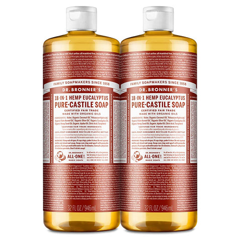 Dr. Bronner's - Dr. Bronner’s – Sabonete Líquido Puro-Castela (Eucalipto, 946 ml, 2-Pack) – Feito com Óleos Orgânicos, 18 Usos: Rosto, Corpo, Cabelo, Lavanderia, Animais de Estimação e Louças, Concentrado, Vegano