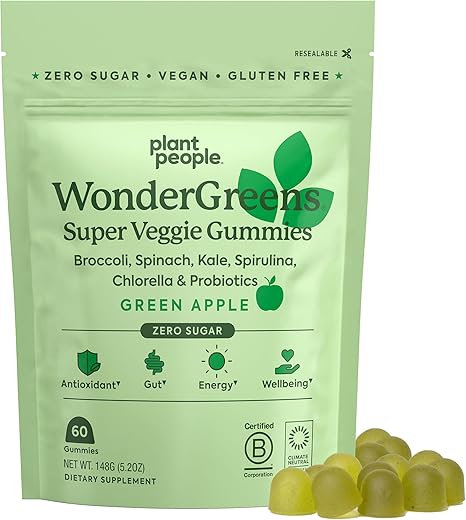 WonderGreens Gummies Super Greens com Probióticos – Multivitamínico para Bem-Estar, Energia, Imunidade e Saúde Intestinal – Sabor Maçã Verde (60 Unidades) - Plant People