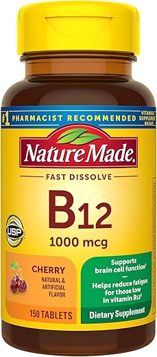 Vitamina B12 1000 mcg, Sublingual de Fácil Absorção para Suporte ao Metabolismo Energético, 150 Comprimidos Dissolvíveis Rápidos Sem Açúcar, Suprimento de 150 Dias - Nature Made
