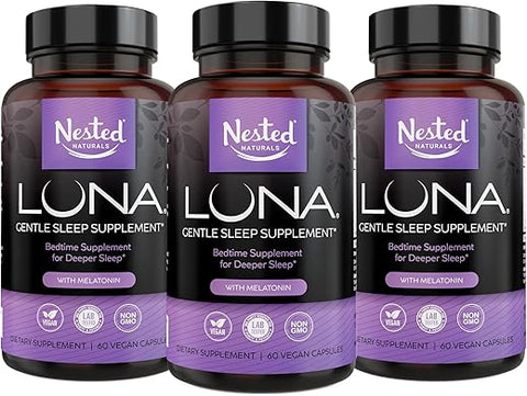 Luna – Suplemento Herbal para Dormir com Melatonina, Raiz de Valeriana, Camomila | 180 Cápsulas Veganas (3 Pacotes) – 60 Cápsulas por Frasco - Nested Naturals