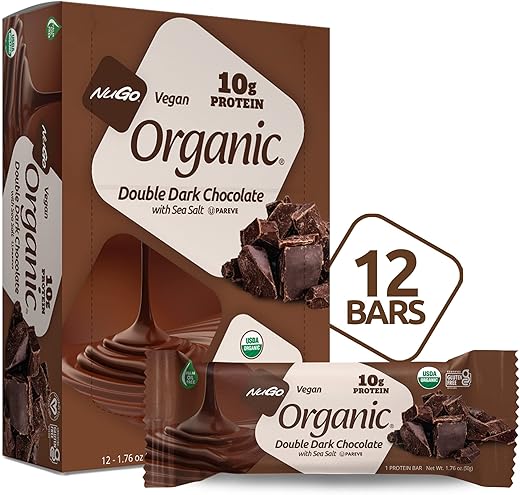 Orgânico Duplo Chocolate Amargo com Sal Marinho, Barra de Proteína 10 Unidades, Vegano, Sem Glúten, Não-OGM, Kosher Pareve, 12 Unidades - NuGo