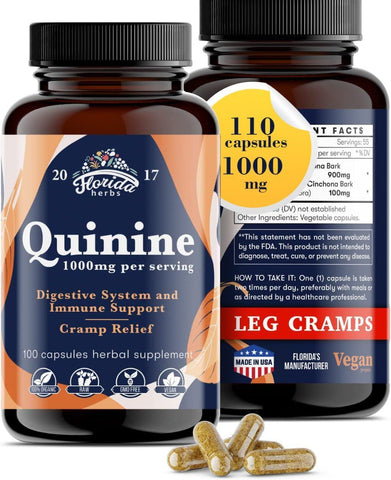 FLORIDA HERBS - Pílulas Orgânicas para Defesa de Cãibras nas Pernas – 1000 mg – Comprimidos de Quinina para Suporte a Pernas Inquietas – Suplemento de Casca de Cinchona – Cápsulas de Quinina para Cãibras Musculares – Cápsulas Veganas