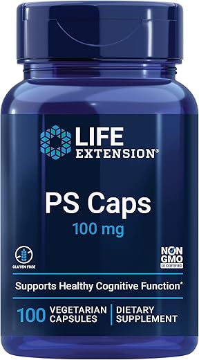 PS Caps: Fosfatidilserina para desempenho cognitivo, sem glúten, não transgênico, vegetariano, 100 cápsulas - Life Extension