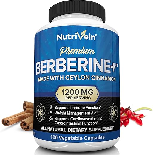 Premium Berberine HCL 1200mg + Canela Ceylon Orgânica – 120 Cápsulas – Suporte ao Sistema Imunológico e Gerenciamento de Peso – Suplemento Berberine HCI - Nutrivein