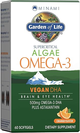 Minami Algae Omega 3 Vegan DHA – Ômega-3 Vegano à base de Algas, Sabor Laranja, 500mg Óleo de Algas Veganas com DHA, Rico em Astaxantina, Sem Sabor Residual, 60 cápsulas - Garden of Life