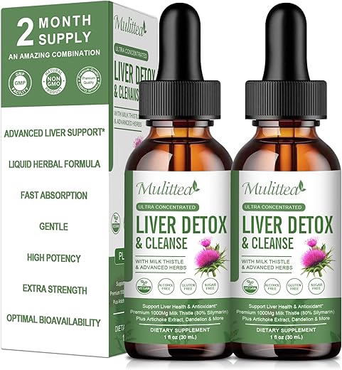Mulittea - (2 Unidades) Gotas Líquidas para Saúde do Fígado – Suporte para Limpeza e Desintoxicação do Fígado