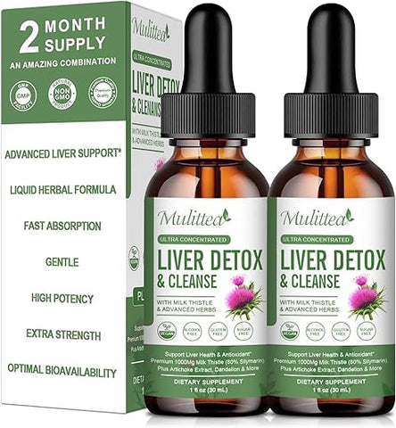 Mulittea - (2 Unidades) Gotas Líquidas para Saúde do Fígado – Suporte para Limpeza e Desintoxicação do Fígado