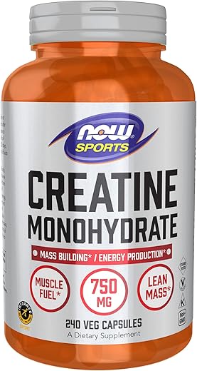 Sports Nutrition, Creatina Monohidratada 750 mg, Construção Muscular*/Produção de Energia*, 240 Cápsulas Vegetais - NOW Foods