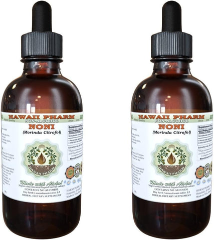Noni Extrato Líquido Sem Álcool, Orgânico de Noni (Morinda citrifolia) Fruta Seca Glicerito Natural de Suplemento Herbal, Hawaii Pharm, EUA 2×120 ml