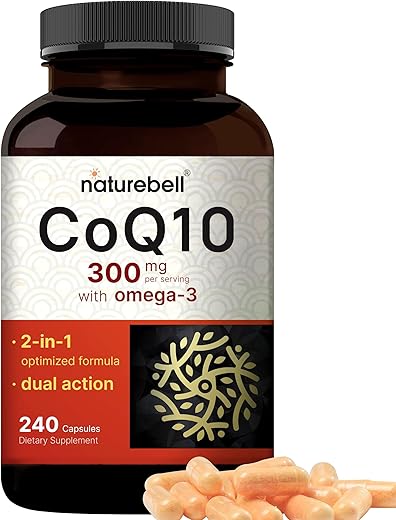 NatureBell - CoQ10 (Ubiquinona) 300mg com Ácidos Graxos Ômega 3, 240 Cápsulas | Fórmula Estável de Alta Absorção – Suporte Antioxidante para o Coração