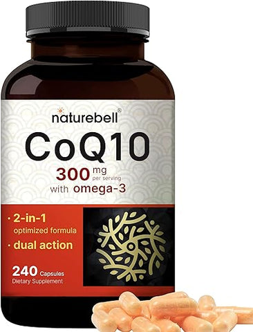 NatureBell - CoQ10 (Ubiquinona) 300mg com Ácidos Graxos Ômega 3, 240 Cápsulas | Fórmula Estável de Alta Absorção – Suporte Antioxidante para o Coração