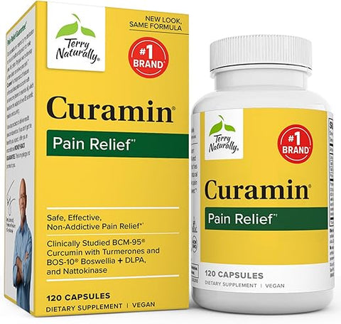 Curamin – 120 Cápsulas – Alívio Não-Viciante da Dor com Curcumina de Cúrcuma, Boswellia, DLPA – Marca Terry Naturally - Terry Naturally