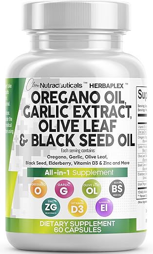 Clean Nutraceuticals - Óleo de Orégano 6000mg Extrato de Alho 4000mg Folha de Oliveira 3000mg Óleo de Semente Negra 3000mg – Suporte Imunológico