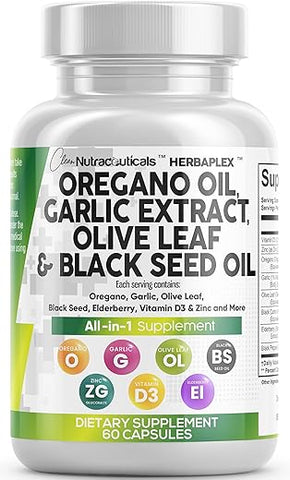 Clean Nutraceuticals - Óleo de Orégano 6000mg Extrato de Alho 4000mg Folha de Oliveira 3000mg Óleo de Semente Negra 3000mg – Suporte Imunológico