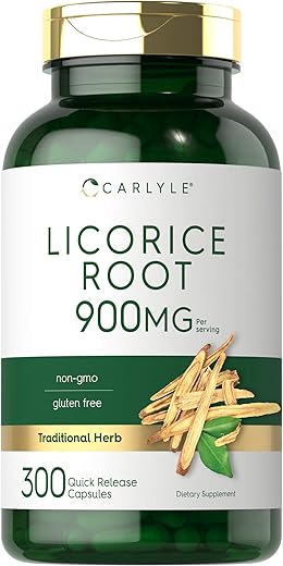 Cápsulas de Raiz de Alcaçuz 900mg | 300 Unidades | Extrato de Raiz Suplemento | Livre de Transgênicos, Sem Glúten - Carlyle