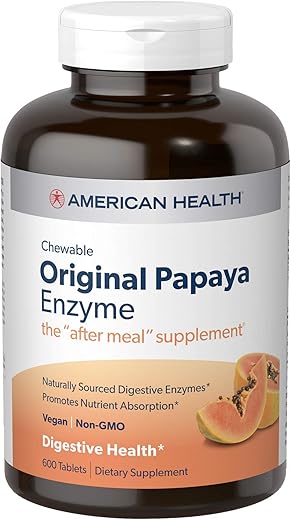 Original Papaya Digestive Enzyme Chewable Tablets – Promove Absorção de Nutrientes e Auxilia na Digestão – 600 Unidades (200 Porções Totais) - American Health