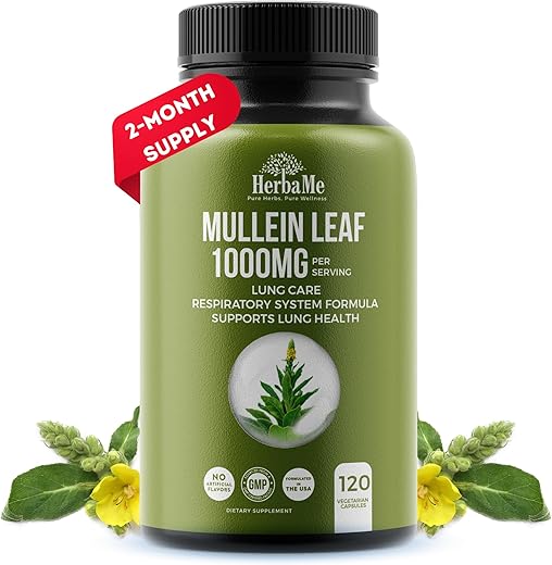 HerbaMe - Folha de Verbascum 1000mg, 120 Cápsulas, Desintoxicação Pulmonar para Fumantes, Suplemento para Limpeza dos Pulmões, Suporta a Saúde Respiratória, Promove Membranas Mucosas | Saúde do Ouvido, Alívio de Muco