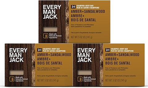 Sabonete em Barra para Corpo e Cabelo Amber Sandalwood com Manteiga de Karité, Aloe Vera e Glicerina para Limpar, Hidratar e Suavizar a Pele – Naturalmente Derivado, Zero Danos – 100g - Every Man Jack