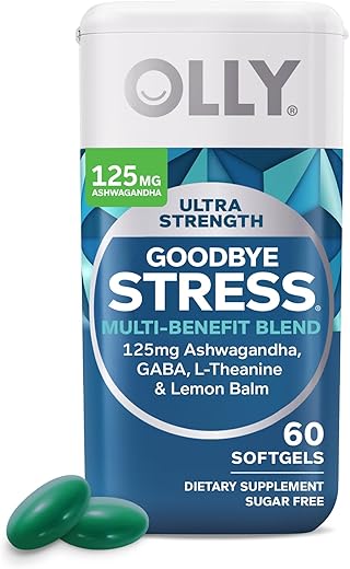 Ultra Strength Goodbye Stress Softgels – GABA, Ashwagandha, L-Theanine e Melissa, Alívio do Estresse – 60 Cápsulas - OLLY
