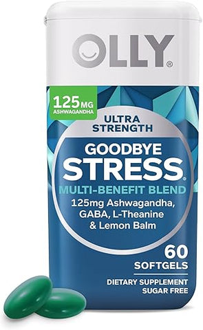 Ultra Strength Goodbye Stress Softgels – GABA, Ashwagandha, L-Theanine e Melissa, Alívio do Estresse – 60 Cápsulas - OLLY