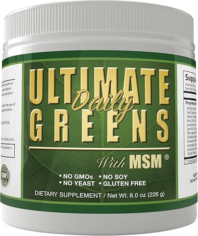 Daily Health - Ultimate Greens com MSM em Pó, Ingredientes Naturais Veganos, Livre de Glúten e Soja, Sem GMO, Bebida Nutricional de Vegetais Superfood Energizante Alcalinizante 227g 1 Pacote (1 Mês de Suprimento)