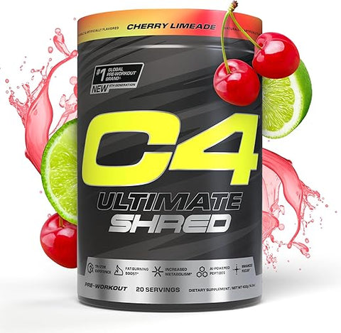 C4 Ultimate Shred – Pó pré-treino com extrato de pimenta caiena 300mg cafeína TeaCrine Dynamine – Sabor cereja limonada, 20 porções - Cellucor